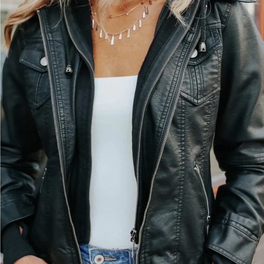 Black hooded vegan leather jacket